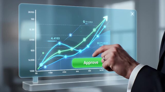 Hand Touching Glowing Blue Chart with Rising Arrow on Transparent Screen Displaying Data Analysis in an Office with Blurred Background