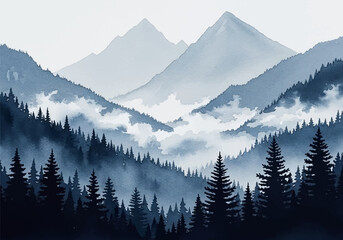 A captivating watercolor painting showcasing serene mountain vistas, dense evergreen forests, and misty valleys at dawn