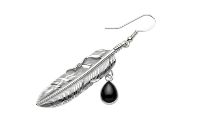 Silver feather earring with black teardrop charm, dangling from a surgical steel hook, black background