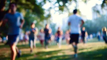 Group of people running in park during a marathon event