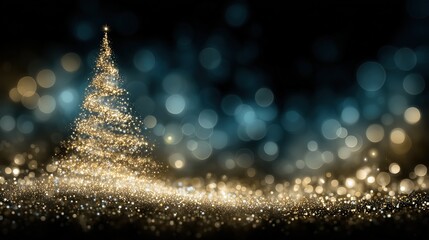 Golden Christmas Tree with Sparkling Lights and Bokeh Background for Holiday Decor and Greeting Cards