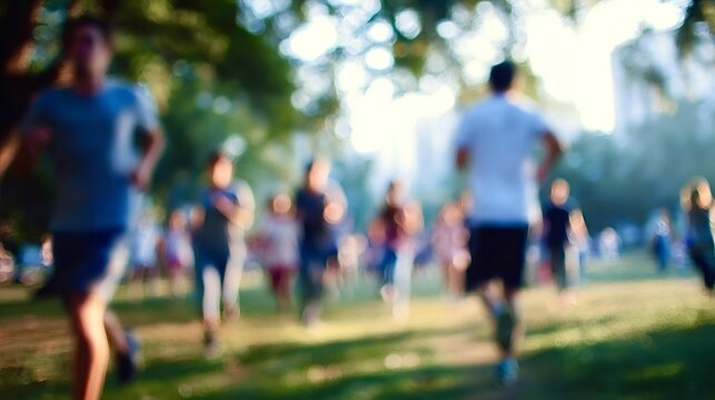 Group of people running in park during a marathon event