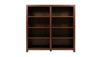 A wooden bookshelf, front-on view, showcasing multiple shelves and compartments