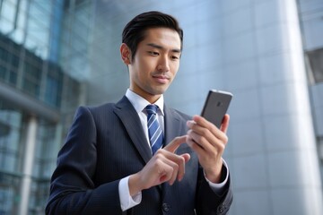 Young Asian Businessman Using Smartphone in Modern Office