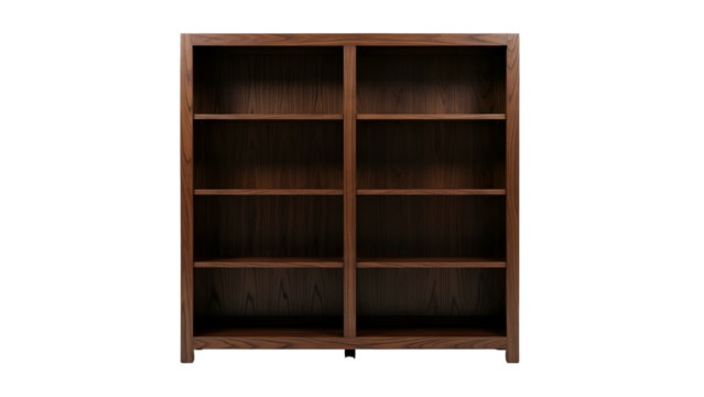 A wooden bookshelf, front-on view, showcasing multiple shelves and compartments