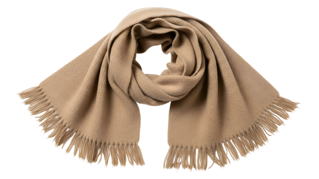 A rectangular, tan scarf with fringe is laid out, with a transparent background