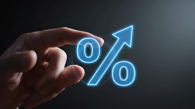 Hand Touching Glowing Blue Percentage Sign with Upward Arrow on Dark Gray Background with Soft Lighting for Finance and Business Concepts
