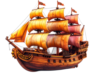 Stylized Cartoon Pirate Ship 3D Model, Playful Proportions, Transparent Background