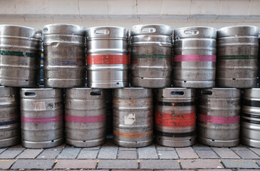 Stack Of Metal Beer Kegs