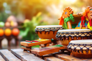 Vibrant percussion instruments in a tropical outdoor setting for musical events and celebrations