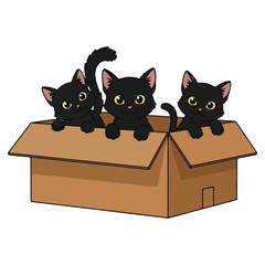 Three adorable black kittens peeking over the edge of a cardboard box