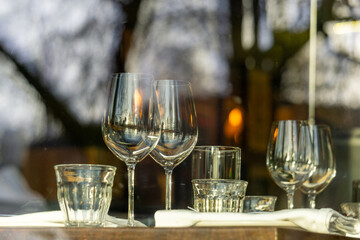 Elegant Restaurant Table Setting Close Up Wine Glasses Reflections Bokeh