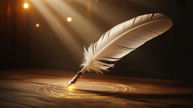 Glowing feather quill writing light patterns on wooden surface
