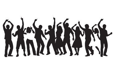 Energetic silhouettes of a diverse group of people dancing joyfully at a celebration