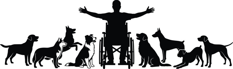 Wheelchair person with dogs silhouette, emotional support, pet therapy, companionship, disability inclusion, vector illustration, love