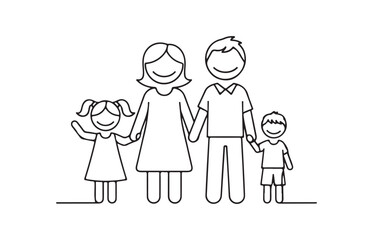 Simple line drawing of a happy family of four holding hands with joyful expressions