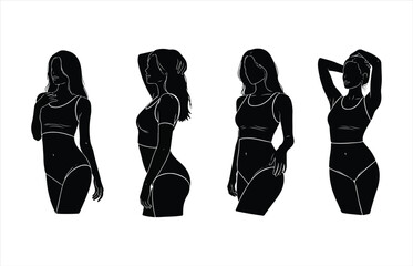 Four silhouetted female figures in athletic poses against a white background