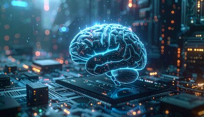 Futuristic digital brain superimposed on a circuit board background