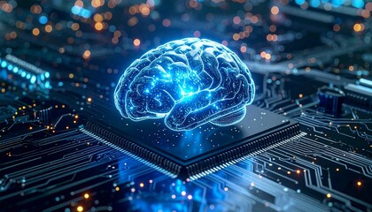 Futuristic representation of a brain above a circuit board illuminated