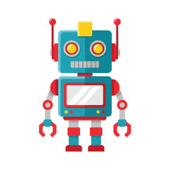 Cute cartoon blue robot with red accents and antennas standing ready for adventure