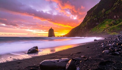 Beach with black sand and rocks at sunset, waves rolling in, mountain on the side, sky ablaze with colors