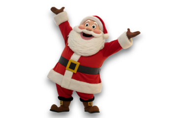 Joyful santa claus character with arms raised in celebration spreading holiday cheer and festive spirit