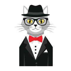 Dapper feline gentleman in a stylish suit and fedora with bright yellow eyes