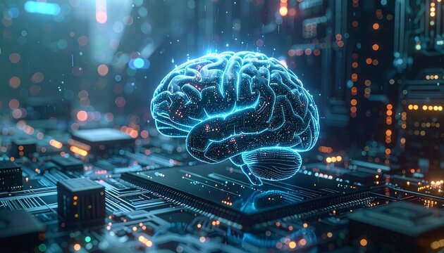 Futuristic digital brain superimposed on a circuit board background