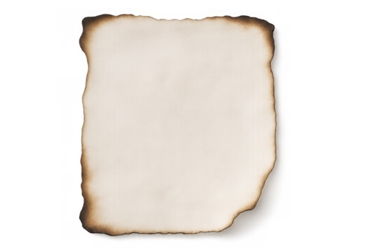 Old paper document with burned edges on transparent background representing history, decay, and discovery