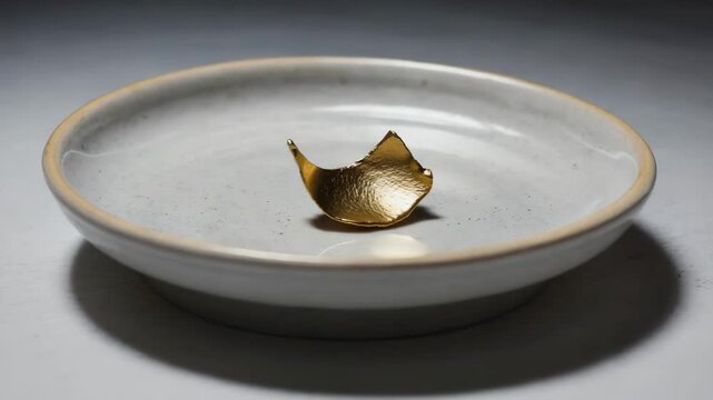 Minimalist still life of a golden nugget in a simple ceramic dish on a gray surface. Abstract concept of value preciousness and modern japanese inspired wabi sabi design