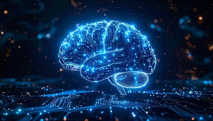 Futuristic digital brain concept with glowing circuit patterns in blue
