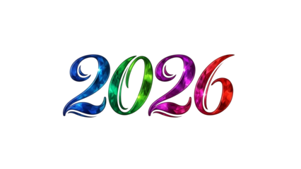 Colorful, glowing "2026" script on a black background, with a reflective, galaxy-like texture