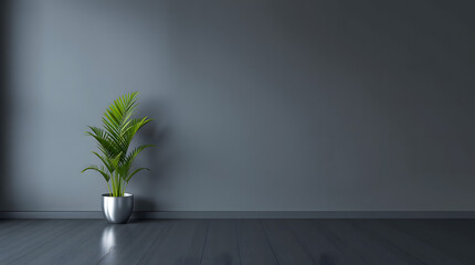 empty dark grey wall with minimalist plant decor
