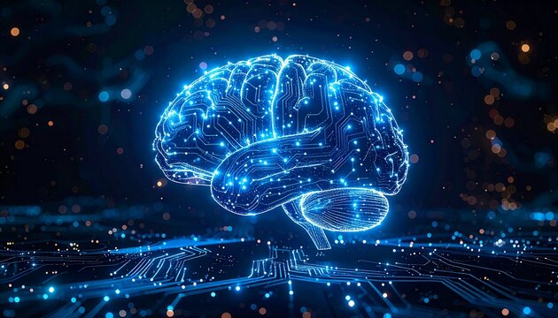 Futuristic digital brain concept with glowing circuit patterns in blue