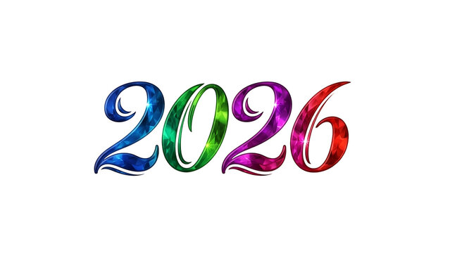 Colorful, glowing "2026" script on a black background, with a reflective, galaxy-like texture