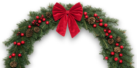 Festive green christmas garland archway adorned with red ornaments pinecones and a large velvet bow
