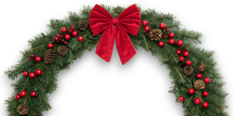 Festive green christmas garland archway adorned with red ornaments pinecones and a large velvet bow