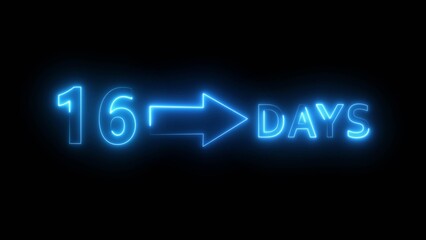 Neon 16 days illustration. Day count number. Neon number with arrow icon.