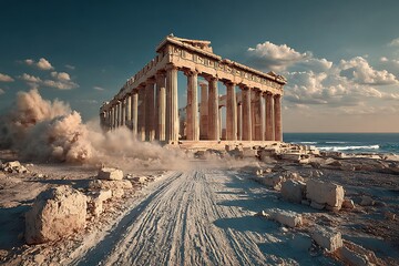 Ancient parthenon temple with stunning sunset high resolution picture