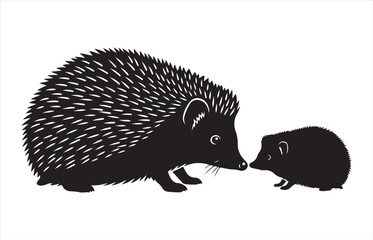 Two black silhouette hedgehogs one large and one small facing each other on a white background