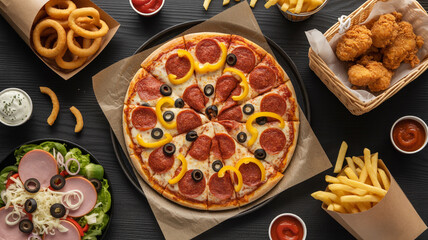 Delicious pepperoni pizza and assorted fast food feast