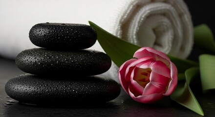 Fototapeta premium Zen Stones, Pink Tulip, and Rolled Towel - A Spa Serenity Still Life.