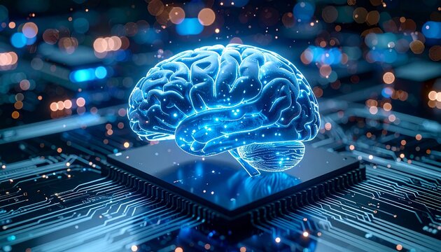 Futuristic AI brain on circuit board glowing with vibrant technology l