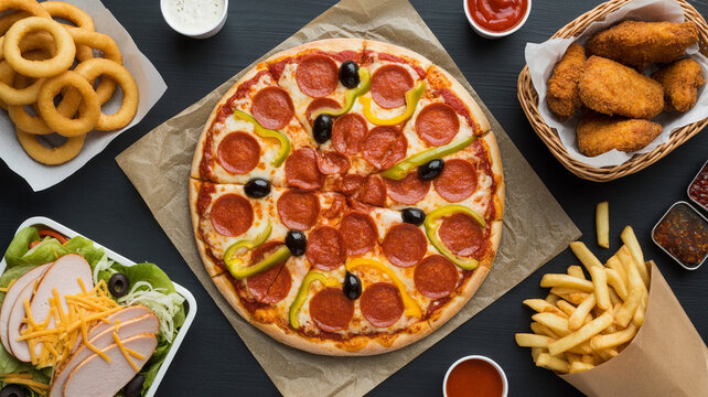 A delicious spread of pepperoni pizza and fast food favorites