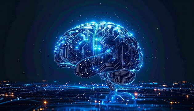 Glowing brain illustration with circuit patterns on dark background