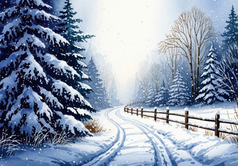 Fototapeta premium Winter wonderland watercolor illustration of a snowy forest road leading through a magical frosted landscape