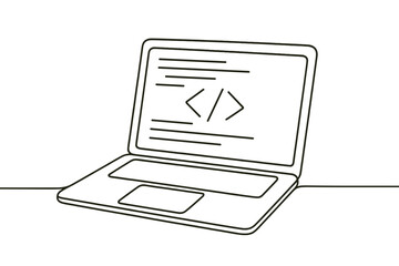 Minimalist laptop with code on screen: simple desktop outline illustration
