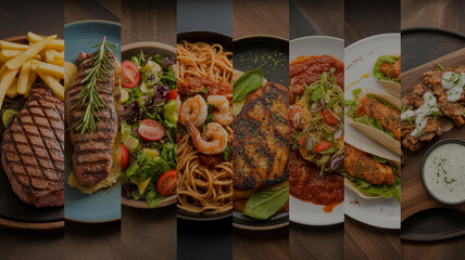 Collage of diverse delicious food dishes ready to eat