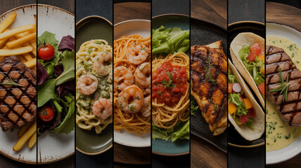 Collage of delicious food dishes featuring steak pasta tacos and more