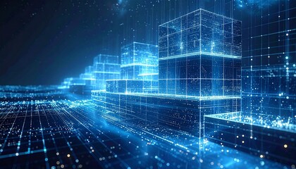 Futuristic digital visualization of interconnected data blocks and gri